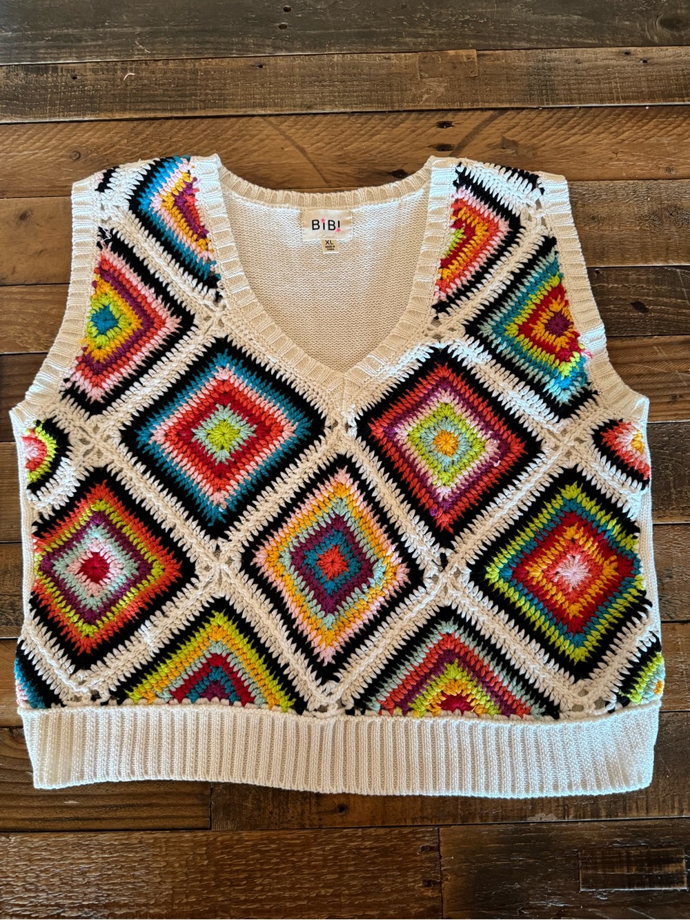 BiBi Multicolor Crochet Diamond V-Neck Sweater Vest - White Trim